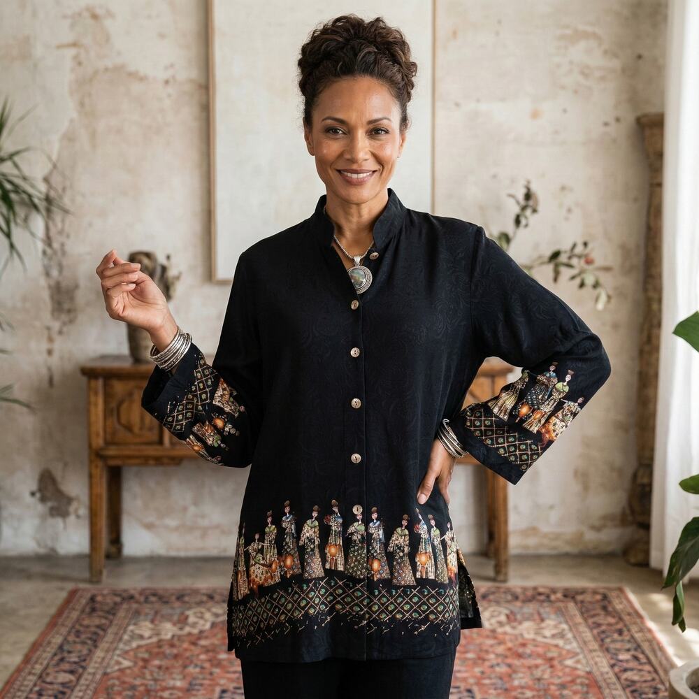 CITRON of Santa Monica Silk Tunic button up in Black Jacquard art print M